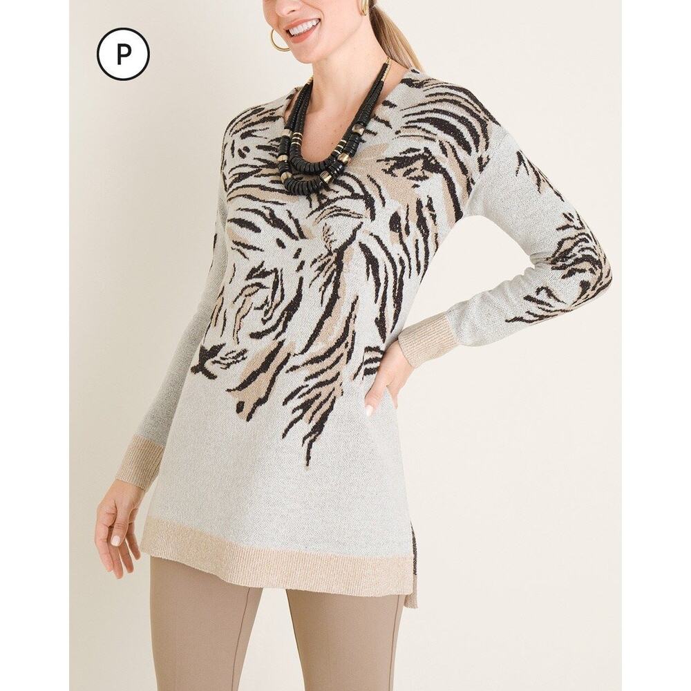 Chico's 3 US XL Tiger Animal Print Face V neck Tan Pullover Tunic Sweater NEW - Picture 2 of 7